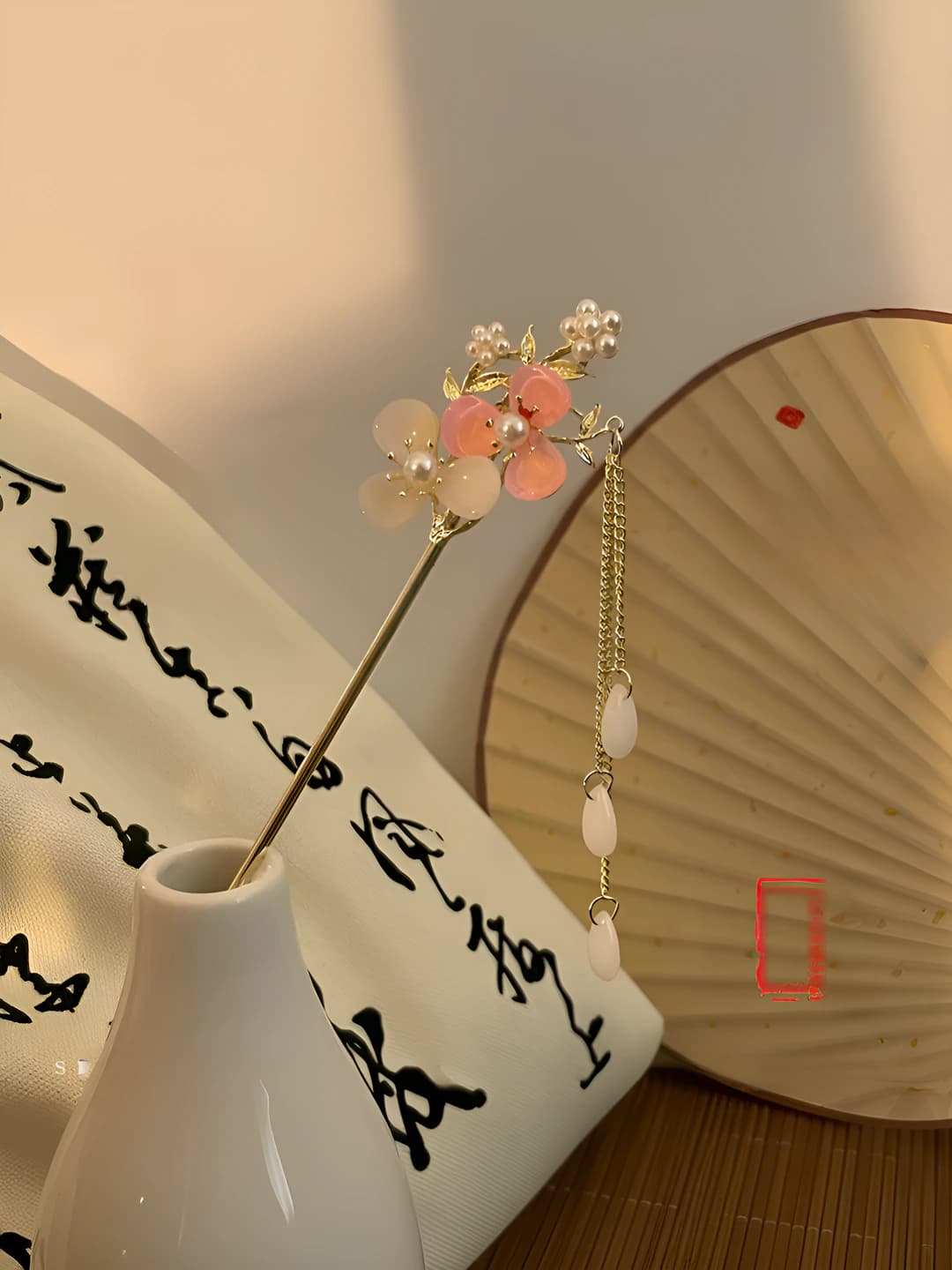69# White-pink double flower pearl tassel hairpin - gold (bagged)
