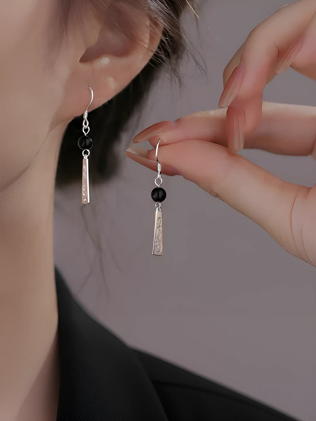 Women's black dangle earrings in Chinese style with geometric design