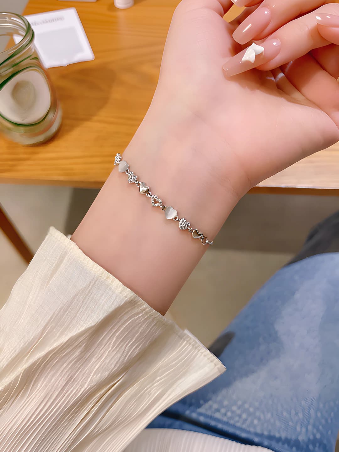 Women's Korean style heart-shaped cat's eye adjustable bracelet