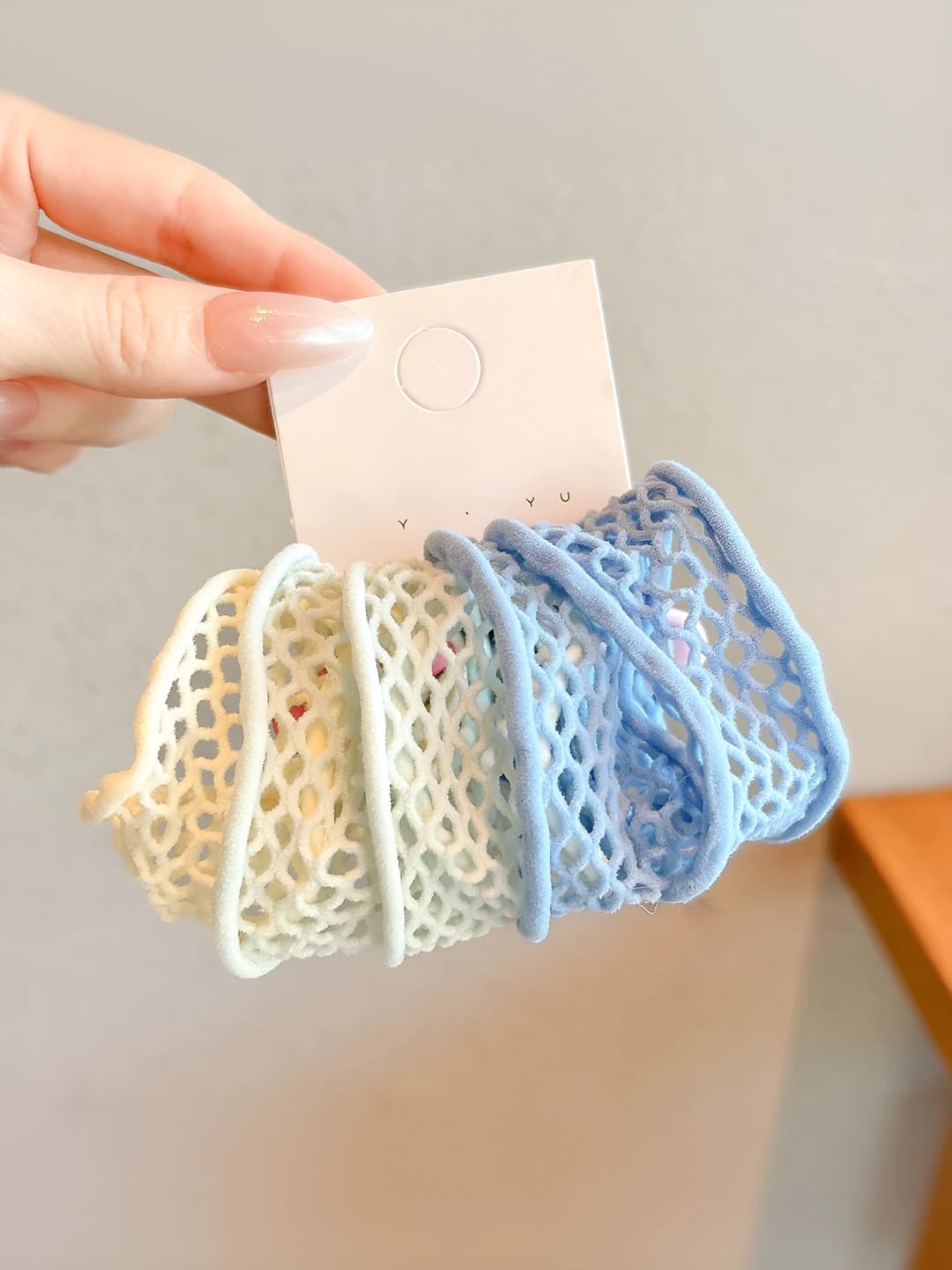 4# Sea salt blue mesh pattern hair tie - 5 pcs (one approx 6*3cm)