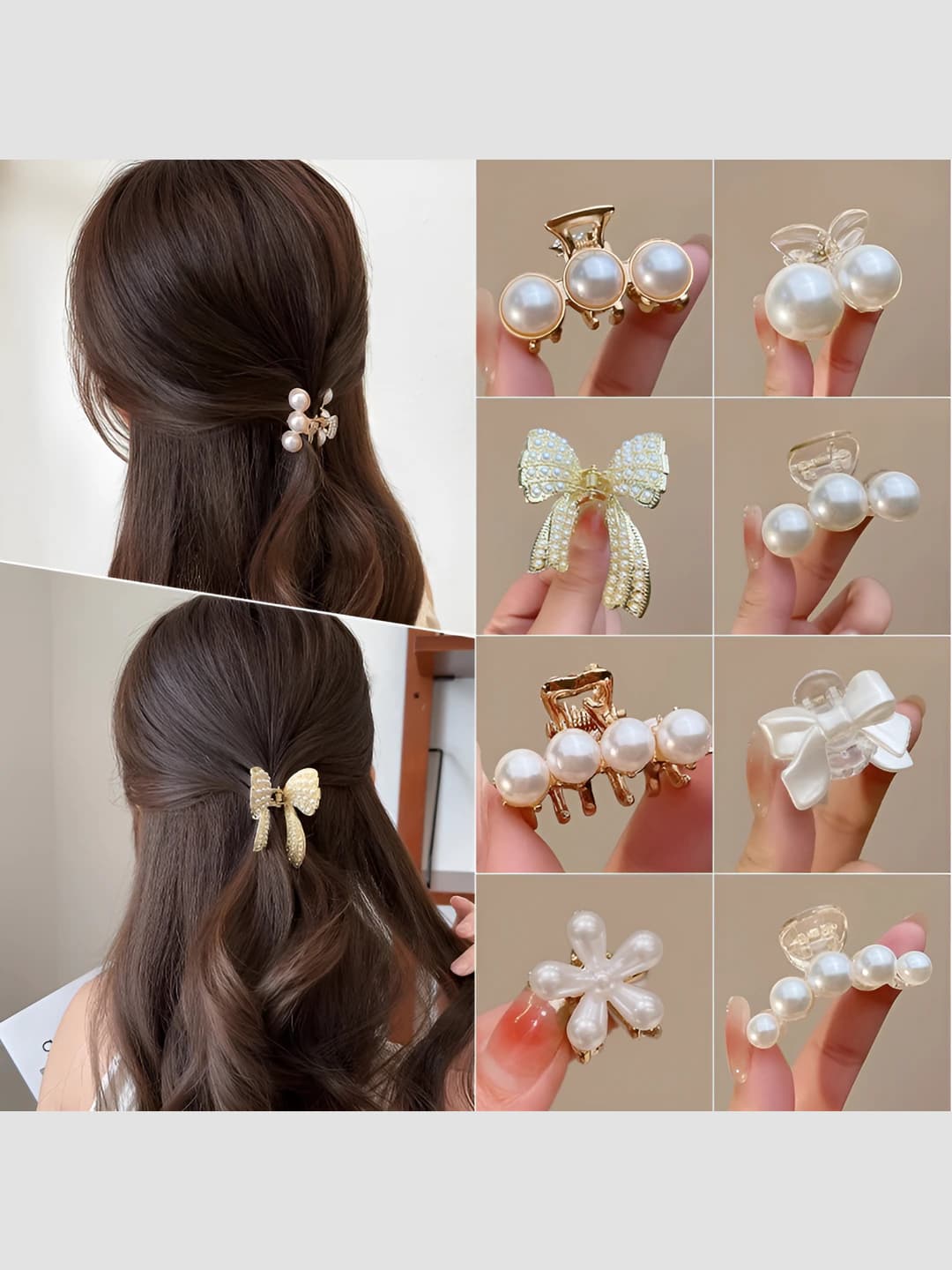 Женские заколки для волос с жемчугом и бантом (shark/claw clips)