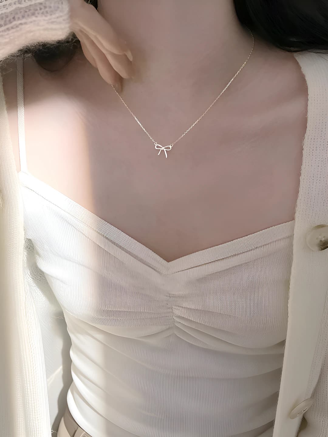 Women's bow pendant necklace: simple style, made of copper, geometric design, summer