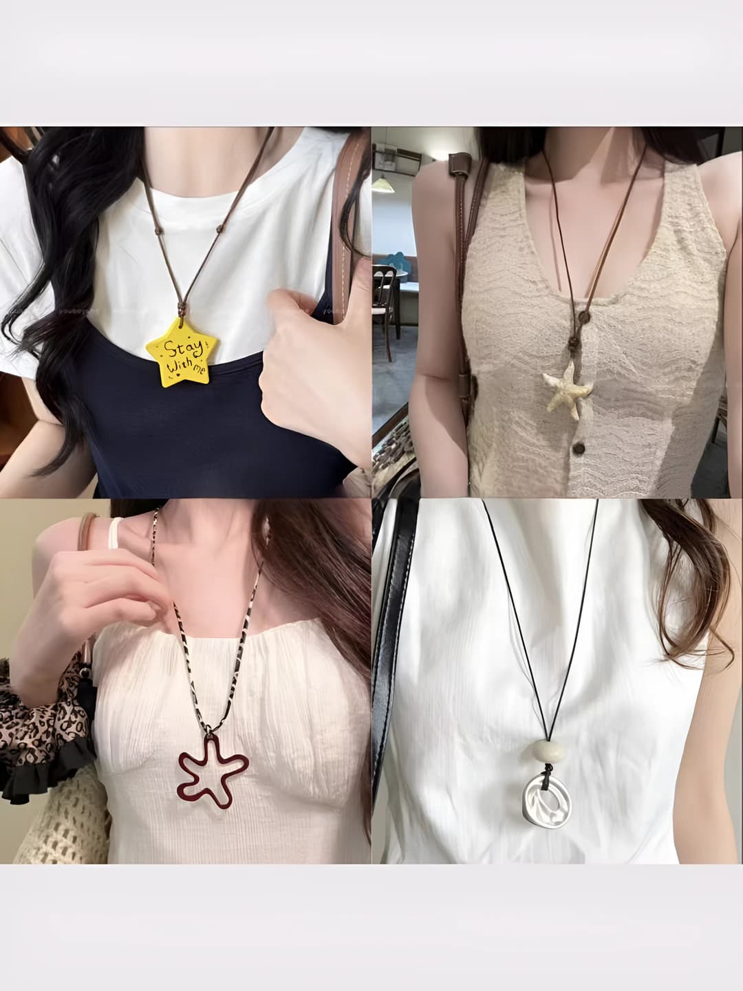 Women's long pendant necklace with star and flower cutout design, handmade, alloy
