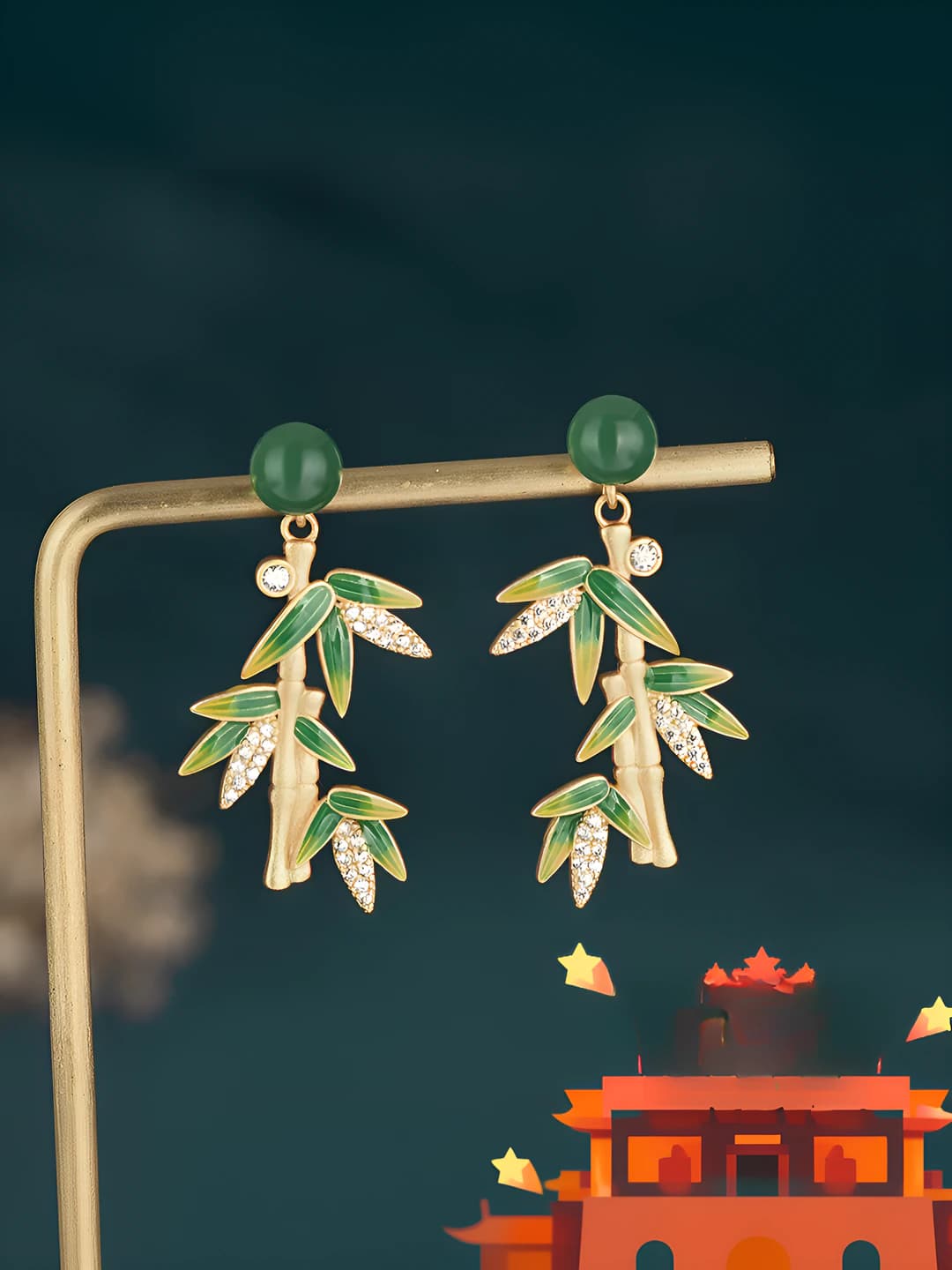 Women's retro style Chinese style enamel bamboo leaf imitation jade earrings