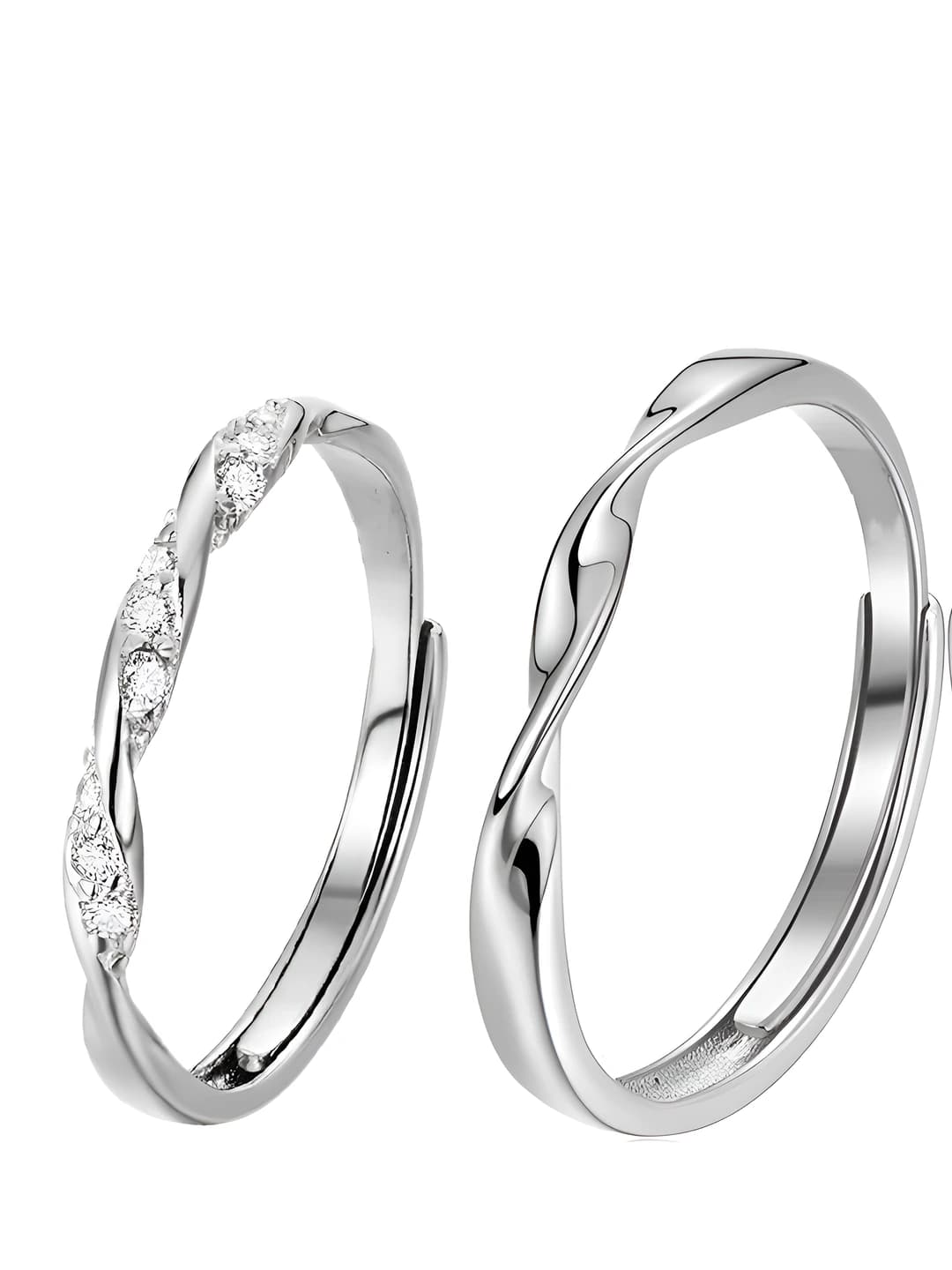 Women's couple's open-adjustable ring pair (Möbius twist, one stone-set)
