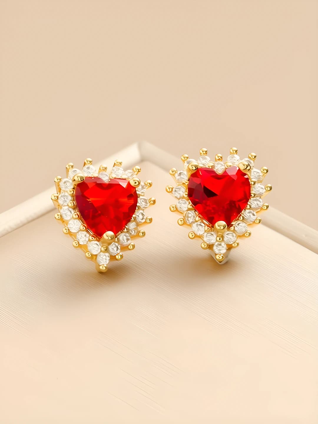 410 Heart Zircon Earrings - Gold-Red