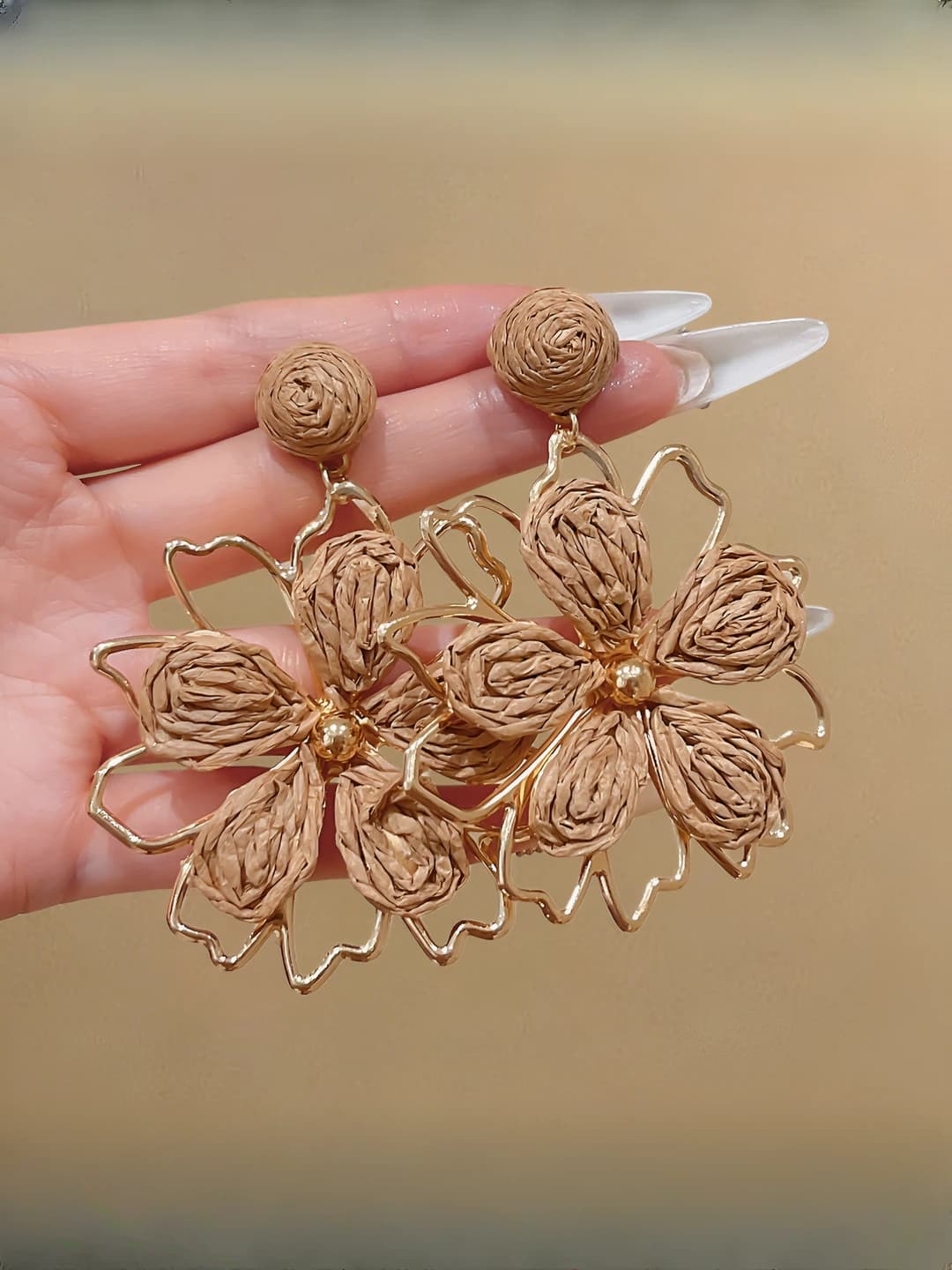 Coffee woven sunflower stud earrings