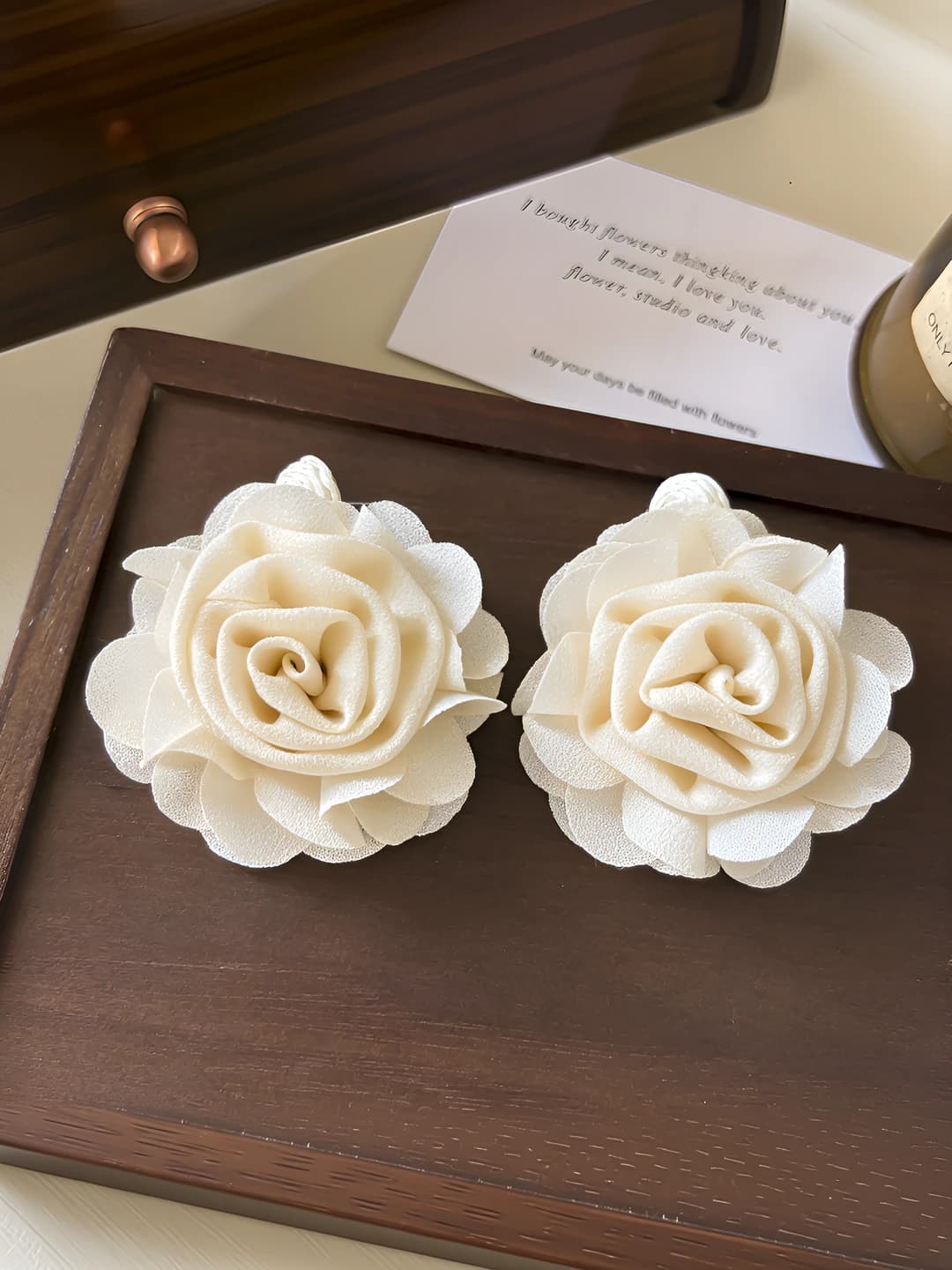 Beige fabric rose studs - 6.3 cm