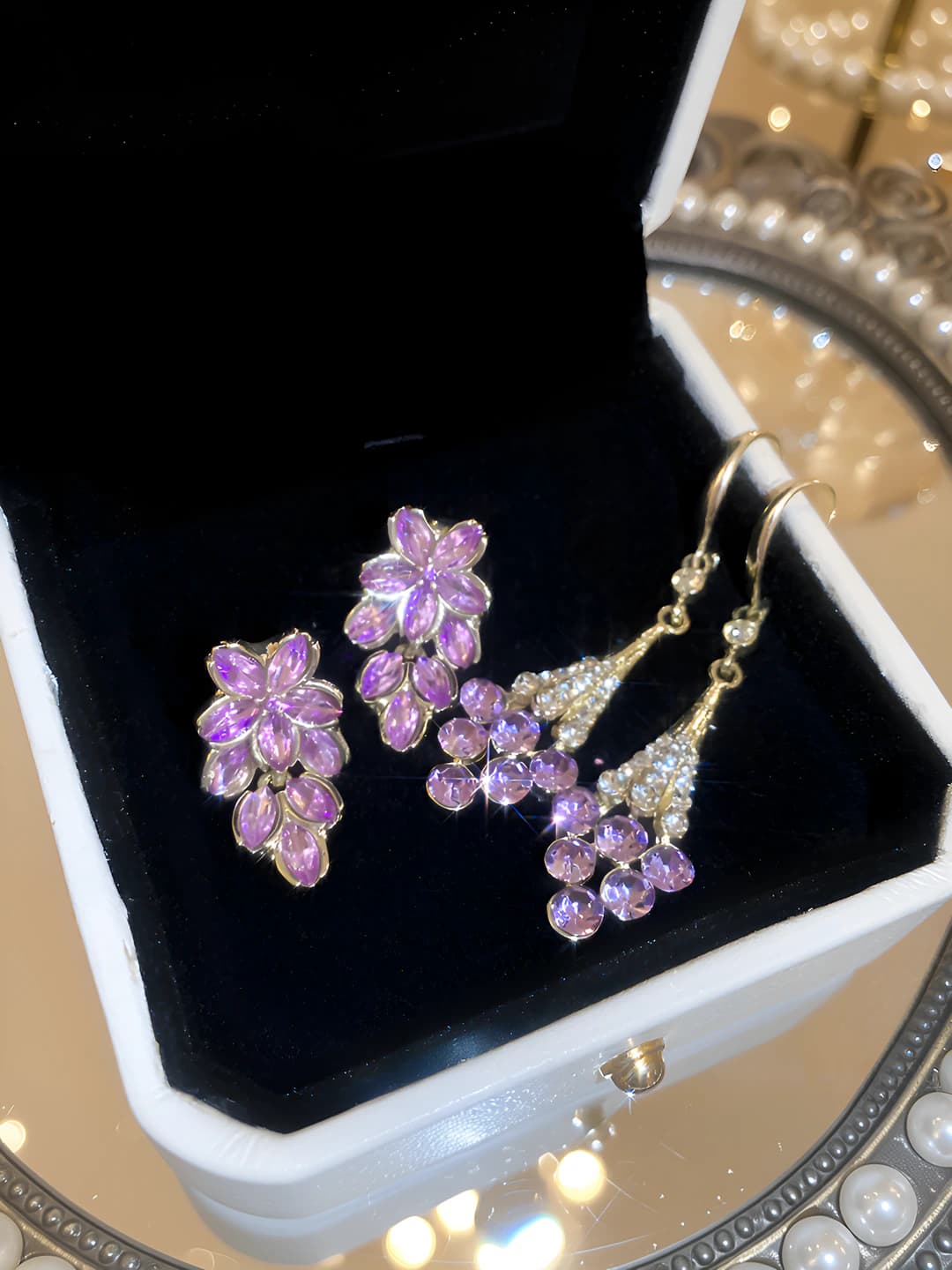 Women's retro style earrings with flower and leaf design elements, rhinestone inlay, geometric