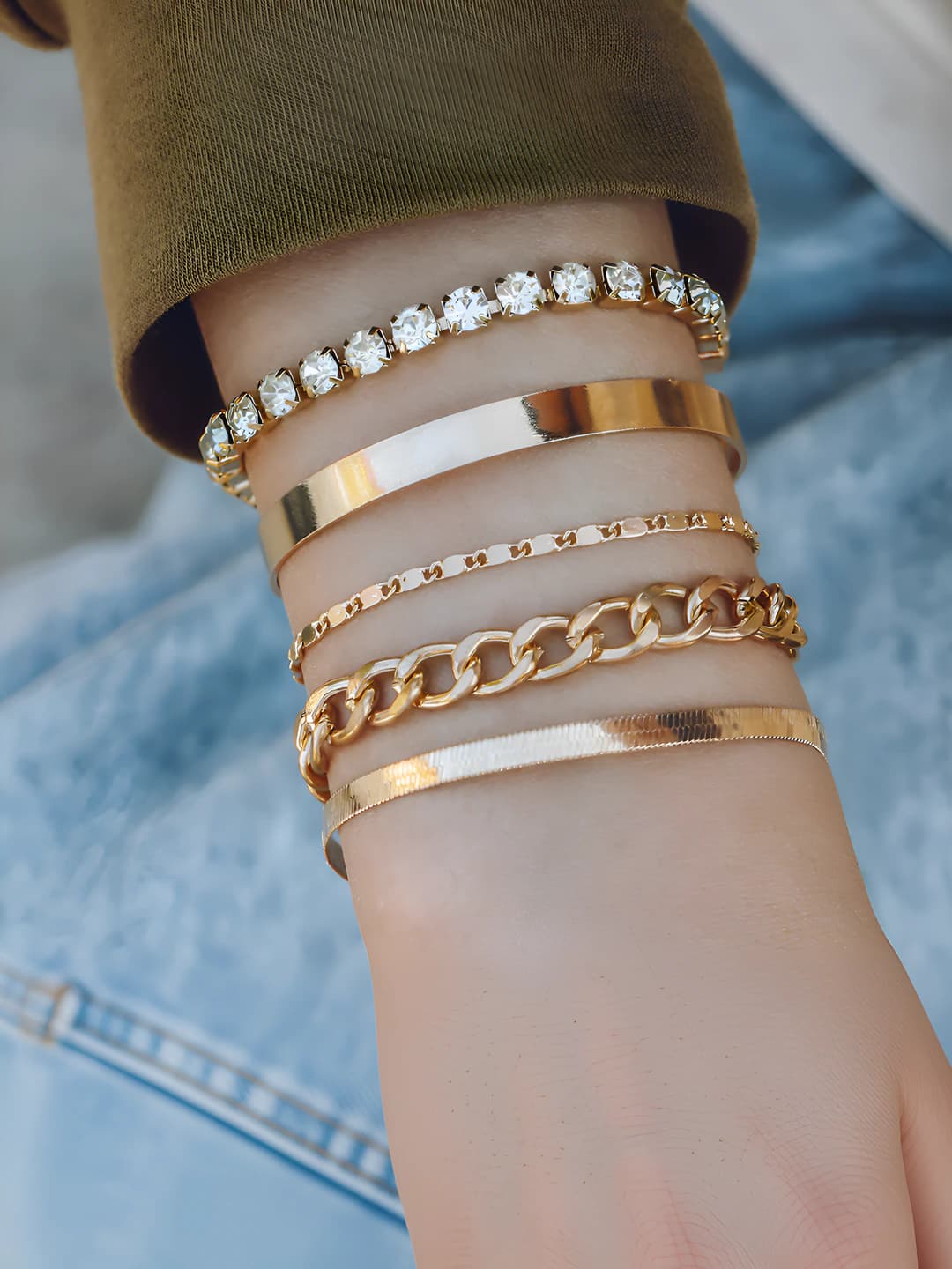 Women's retro geometric multi-element rhinestone bracelet set