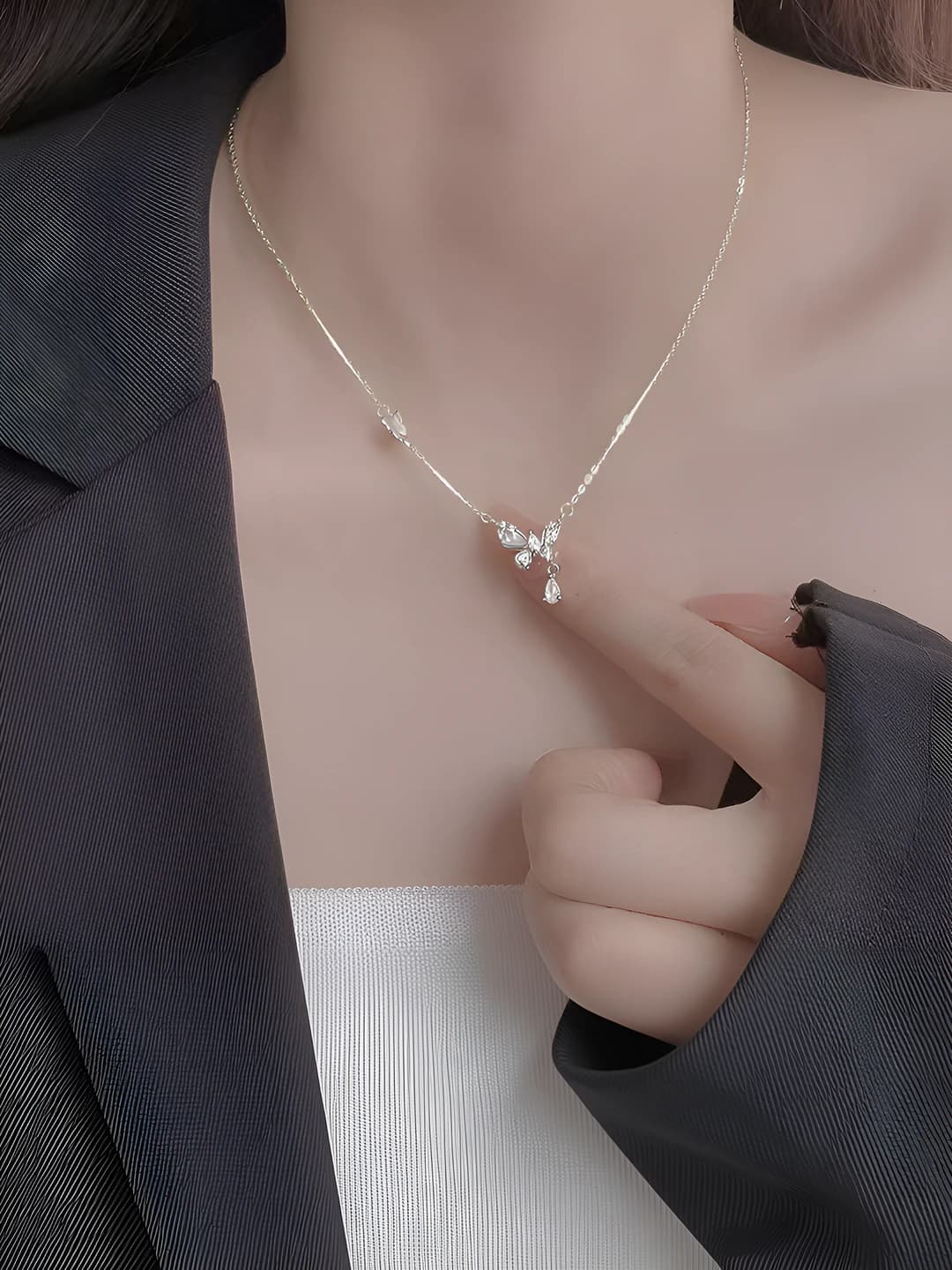 Women's butterfly pendant necklace made of copper with zirconia, ins style design element, casual occasion, 41-50 cm