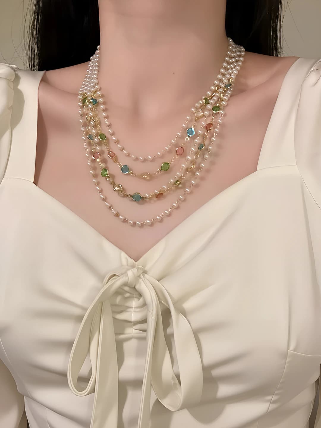 Women's multi-layer beaded pearl necklace, retro style, geometric shape, 51-60 cm