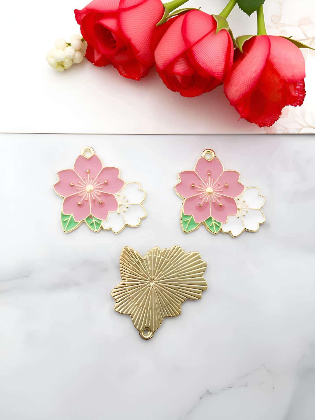 Pink enamel flower, 25x25 mm
