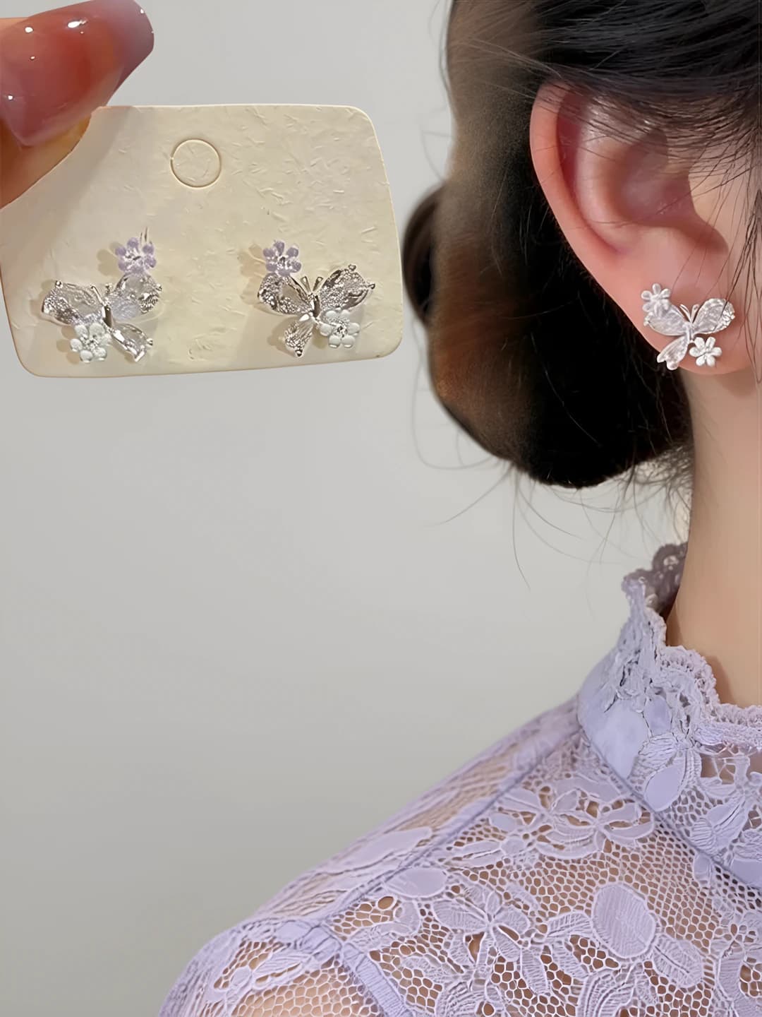 Spring-summer women's butterfly rhinestone stud earrings with floral design