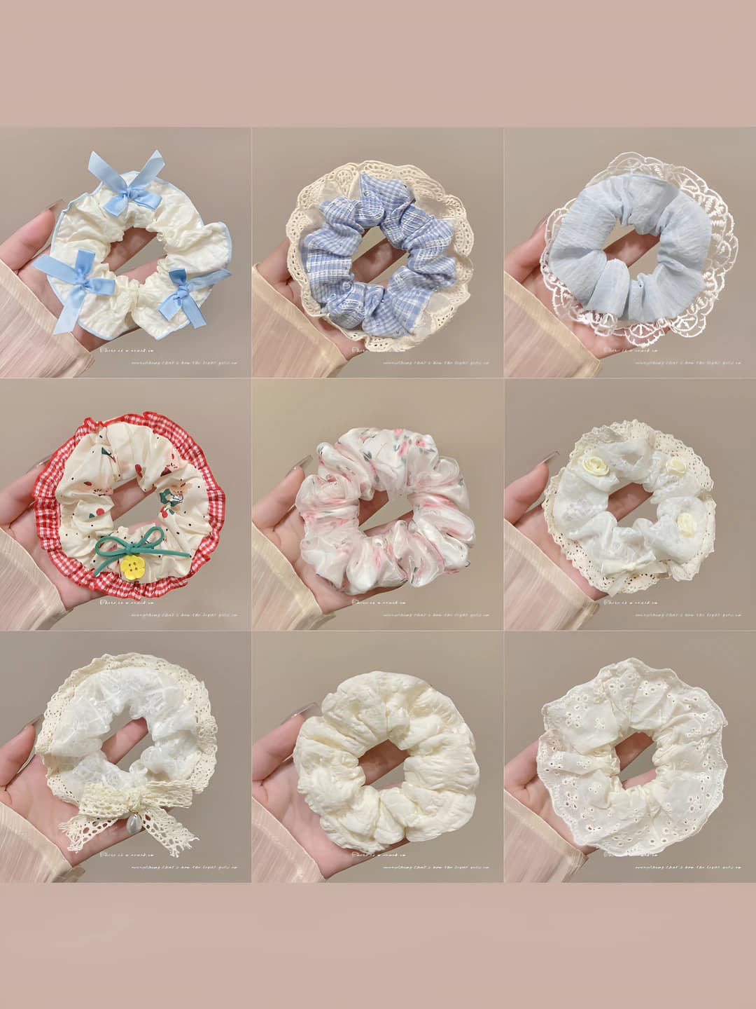 Women's stretch fabric scrunchie hair tie in Korean style, high stretch, bow and heart design elements
