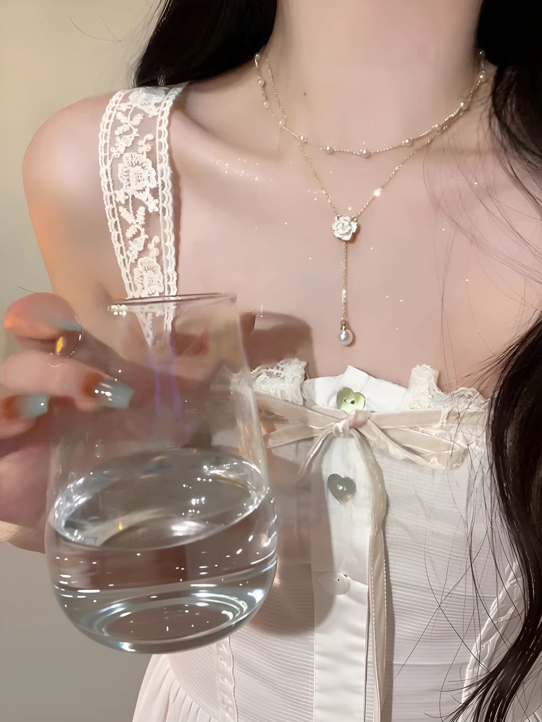 Double layer camellia necklace