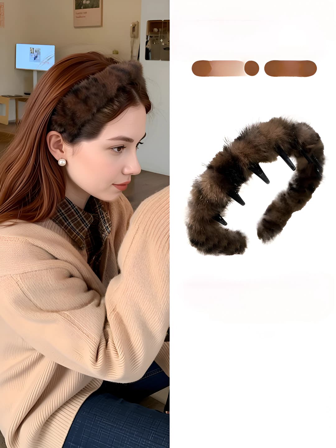 Women's faux-fur headband with comb teeth, acrylic, retro style