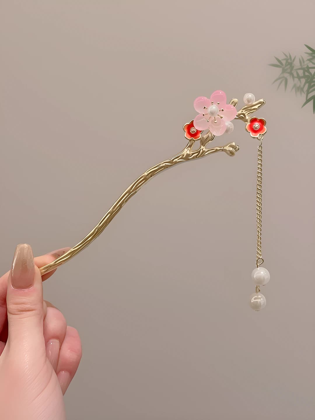 20# Plum blossom pink single flower pearl tassel hairpin (in bag)