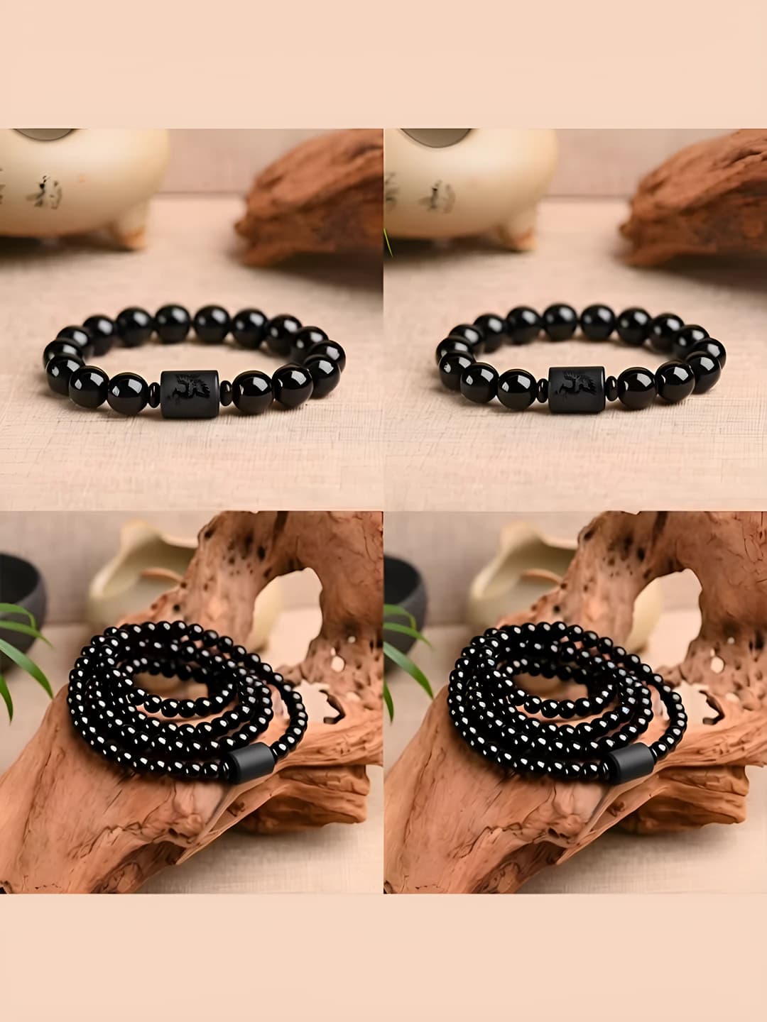 Women's obsidian beaded bracelet with 108 beads, ethnic style, handmade, geometric design element