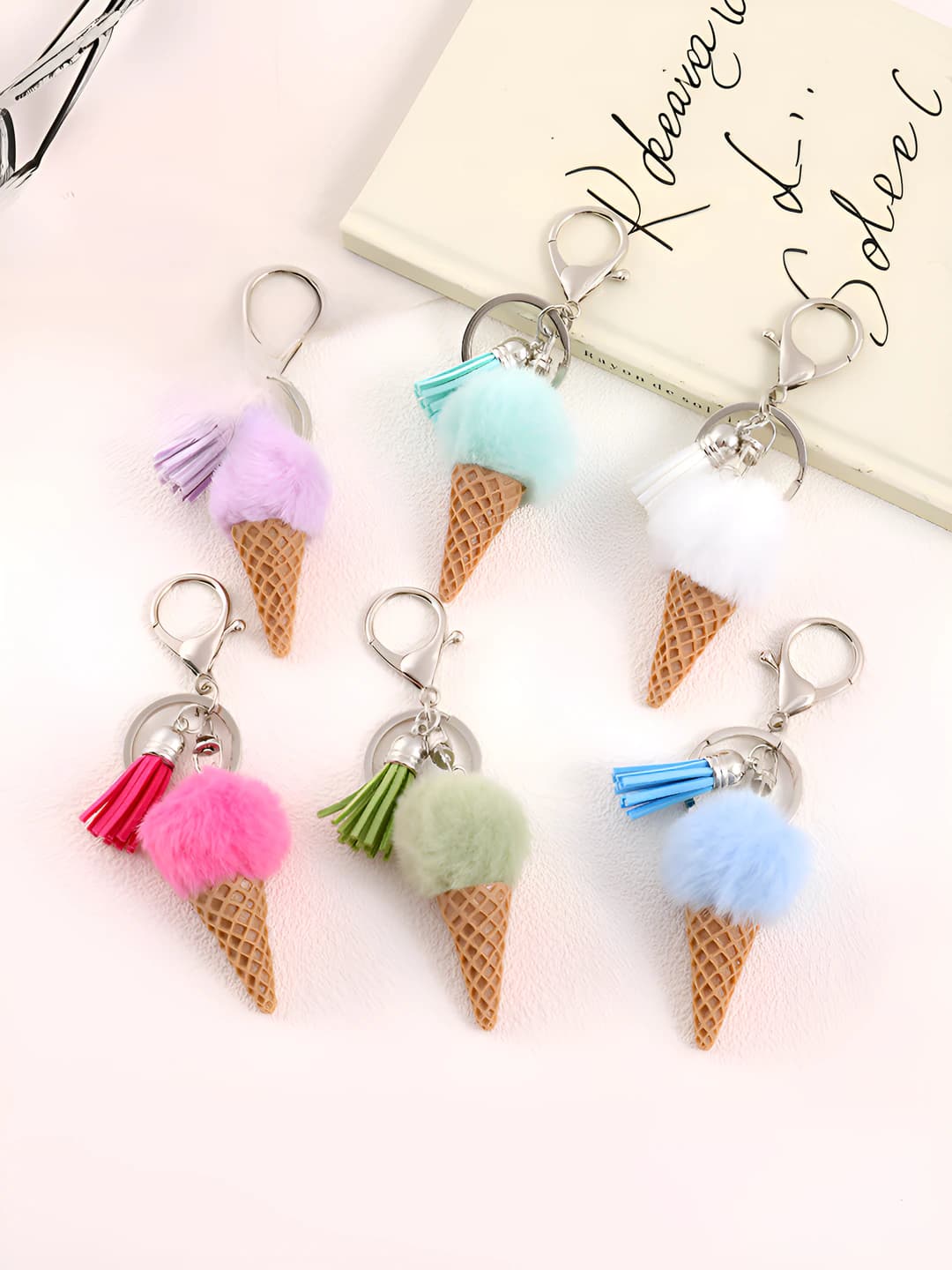 Women's ice-cream keychain in cartoon style, made of plastic, with decorative tassels