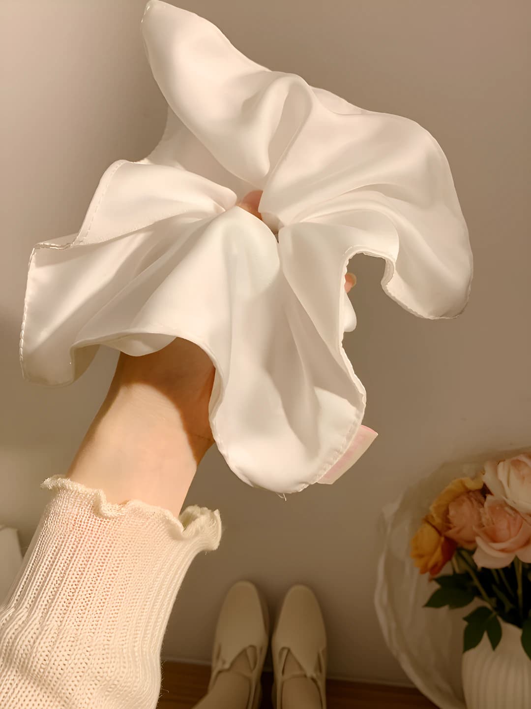 White satin square scrunchie
