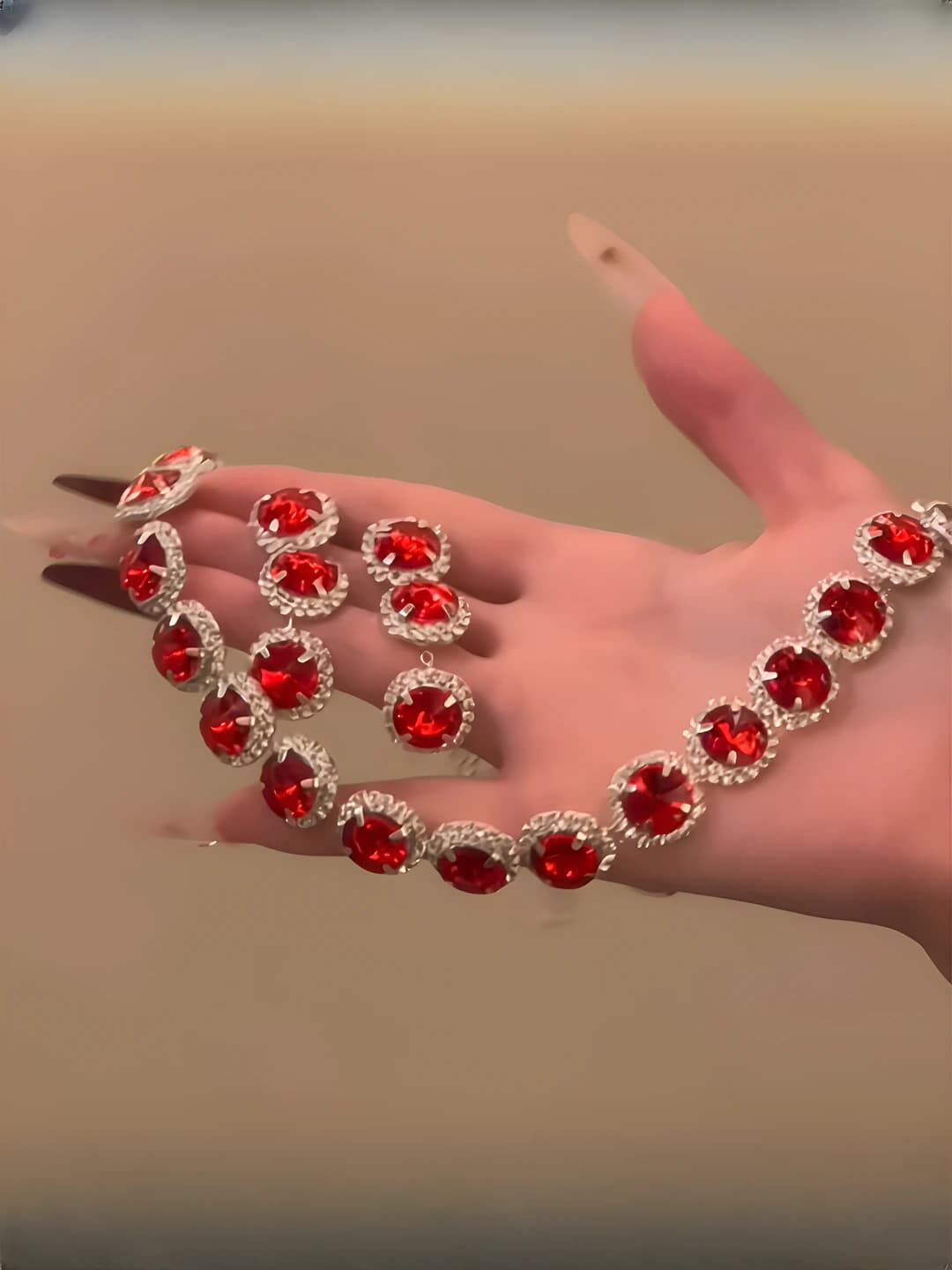 41# Earrings & Necklace - Silver - Red (2-piece set)