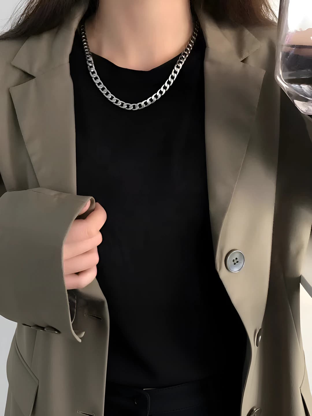 Women's Cuban link chain necklace: chunky, multi-layer, handmade, geometric shape, oval design element, 41-50 cm, 10 g