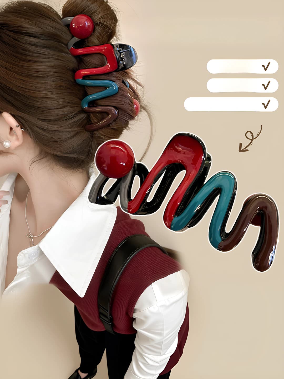 Colour-block wavy pearl clip