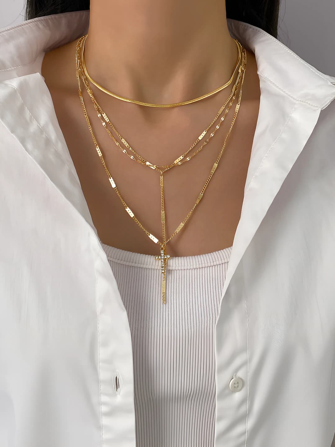 Women's layered cross pendant necklace: black, geometric, metal, 21-50 cm