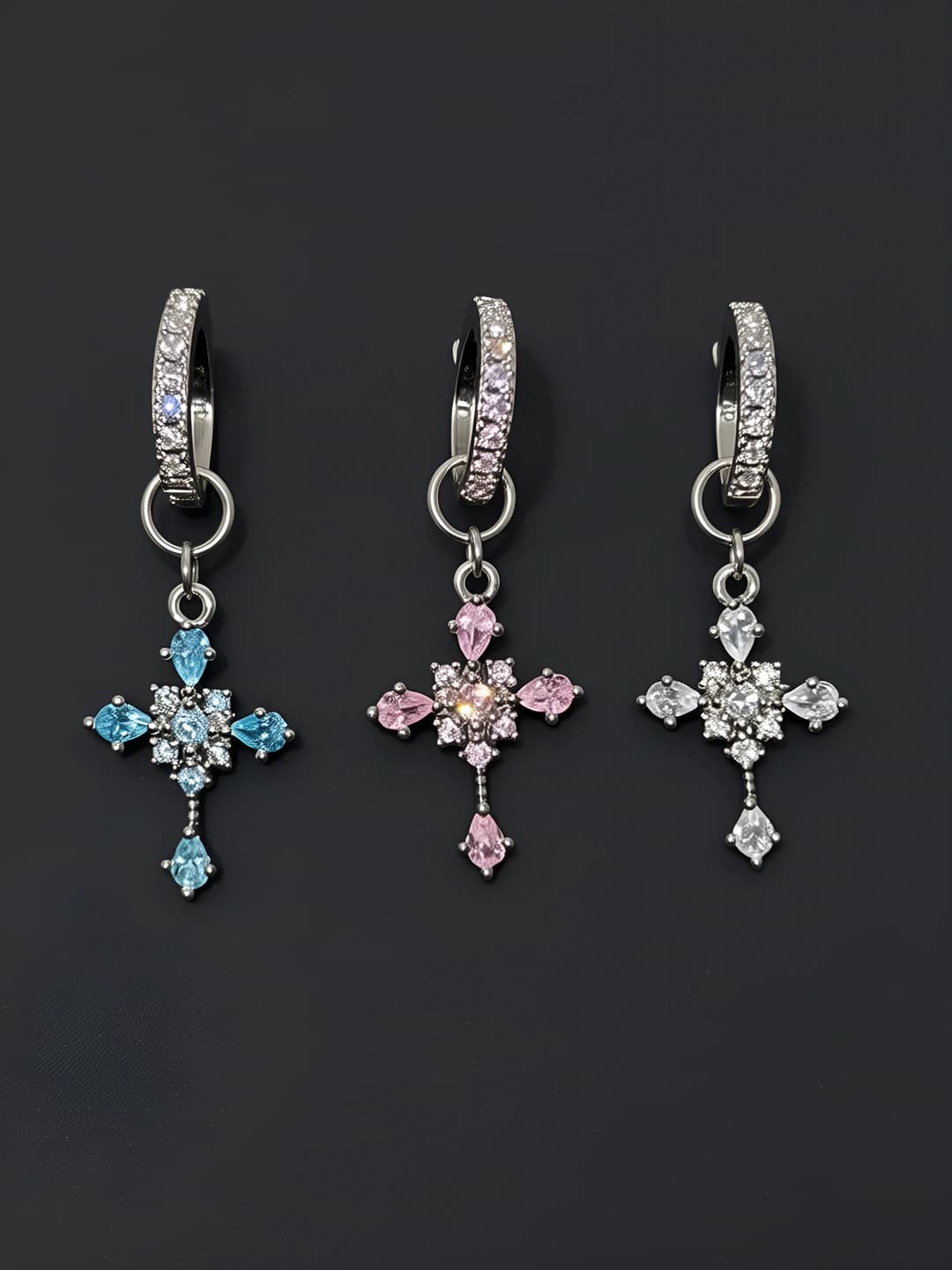 Women's cross dangle earrings, 316L titanium steel, straight post, full zircon, detachable cross