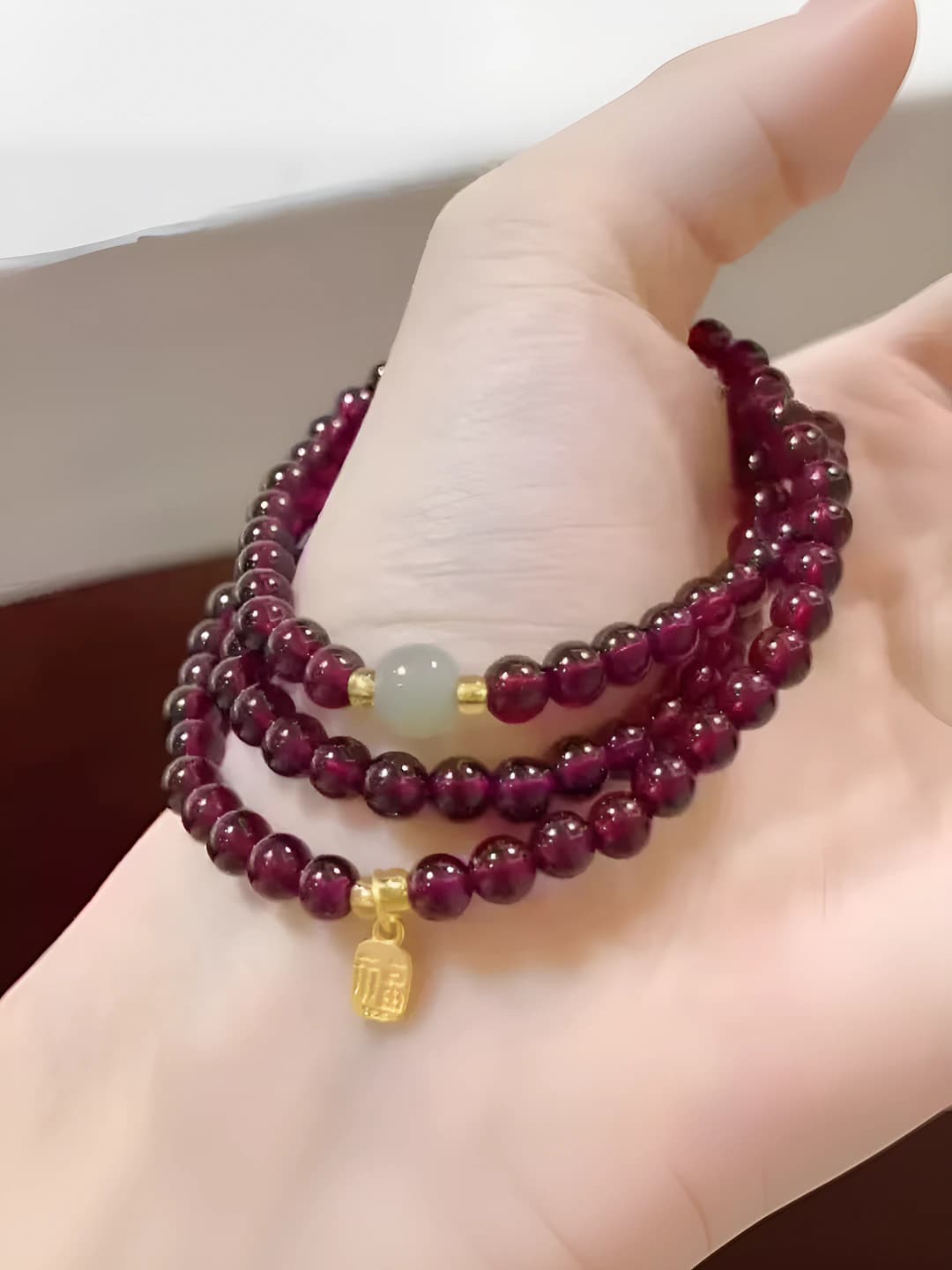 Women's natural stone burgundy multi-strand beaded bracelet, glass and feng shui, handmade, fruit shape, natural style