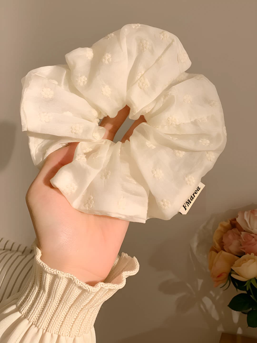 2# Off-white small floral embroidered scrunchie ~16 cm