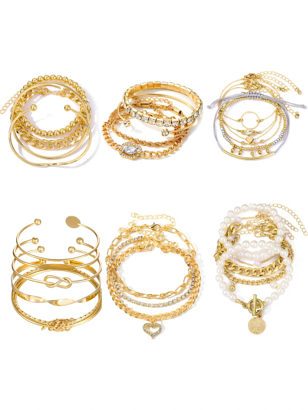 Women's retro style alloy bracelet with faux pearl chain and heart-shaped rhinestones