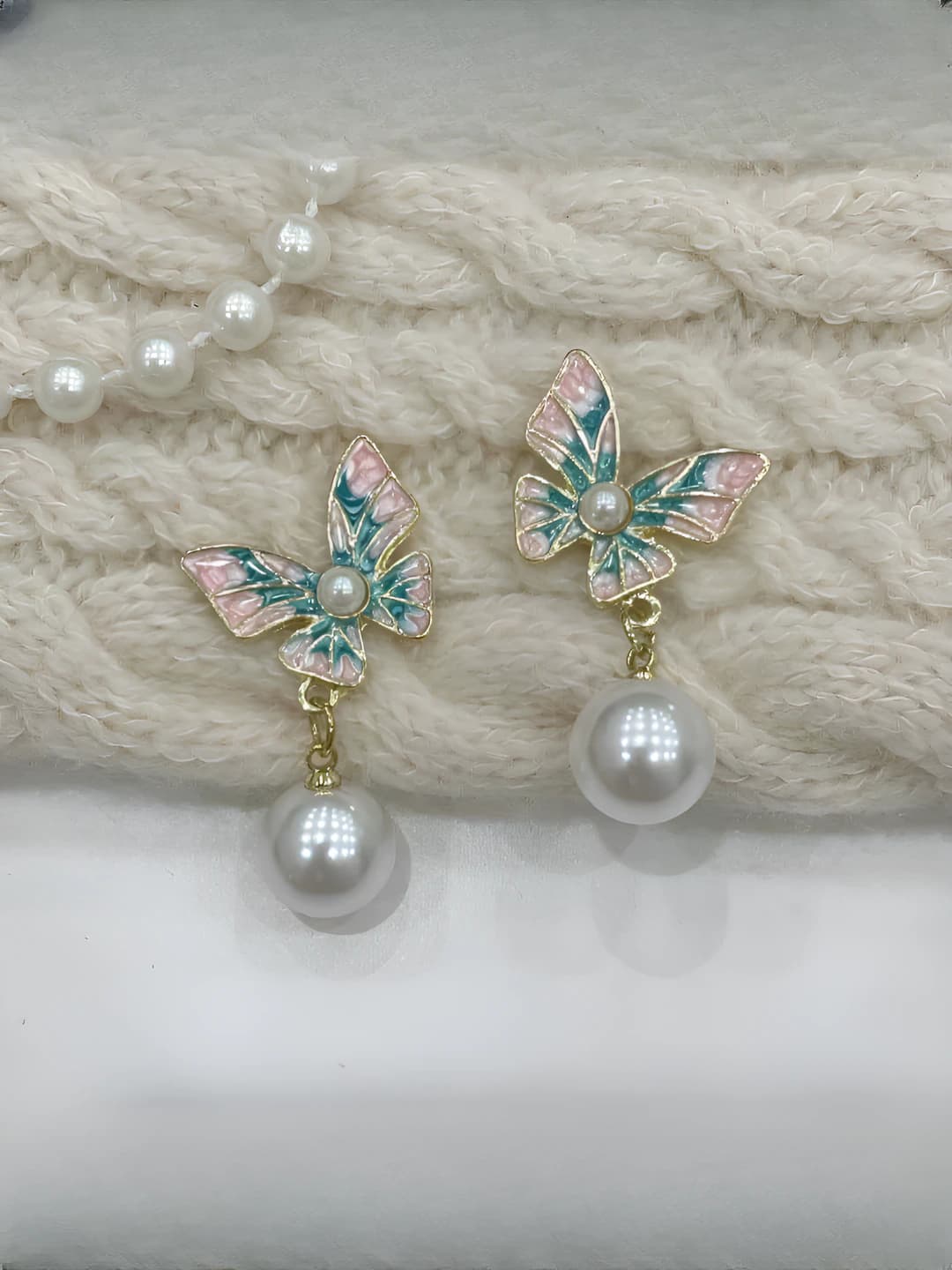 Pink-blue bow pearl earrings