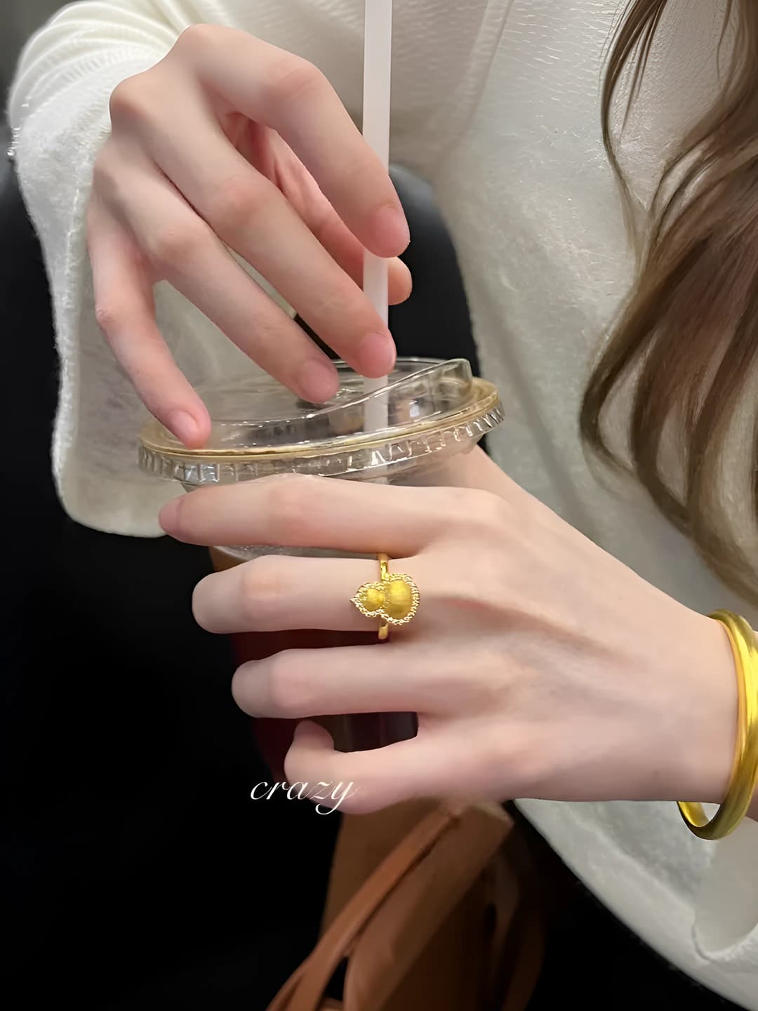 Women's geometric ring with gourd design element, copper, light luxury style