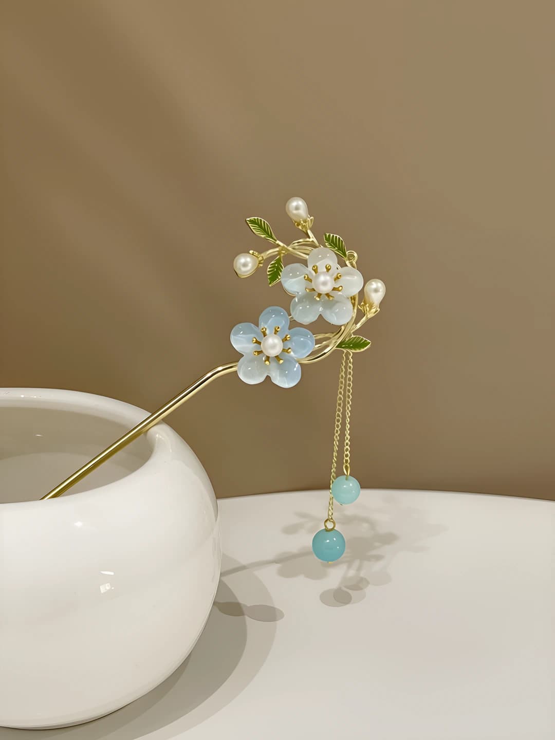 46# Blue double flower tassel pendant - Gold (in bag)