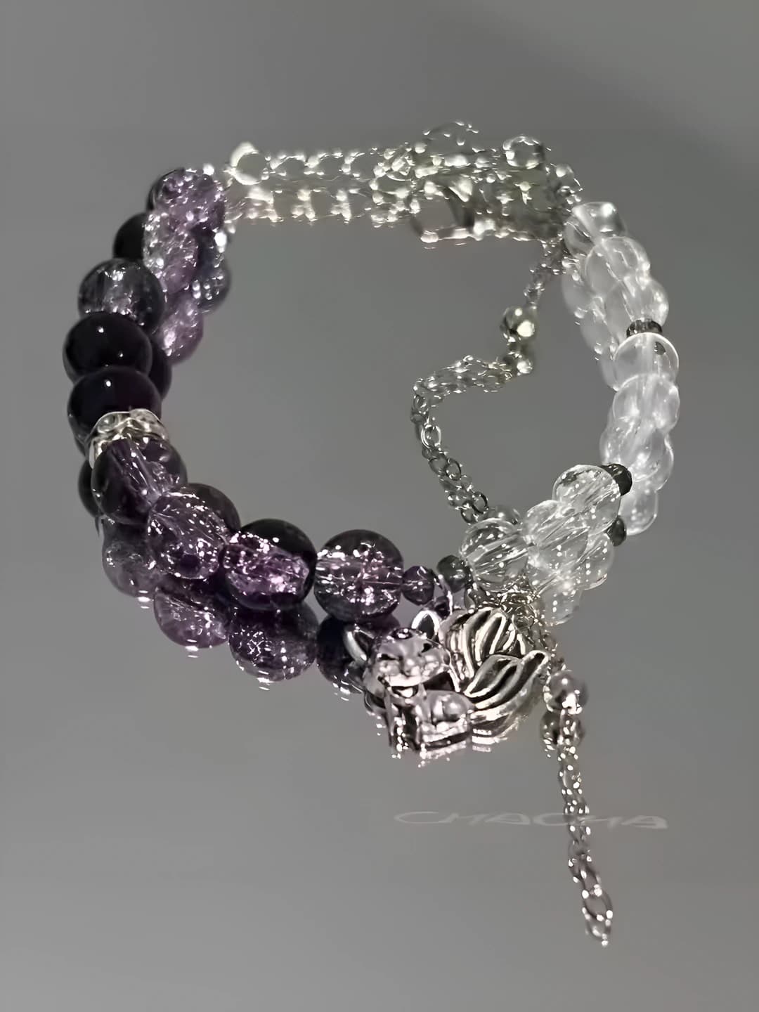 Women's handcrafted glass and liuli beaded bracelet in new Chinese style with a purple gradient nine-tailed fox pendant