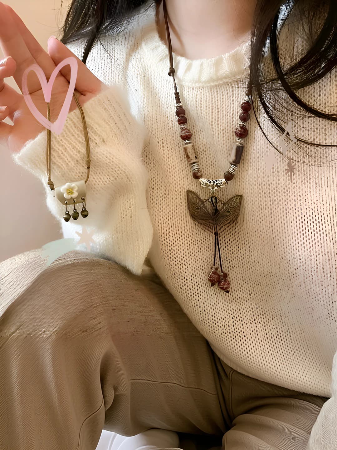 Women's beaded butterfly pendant necklace: ceramic butterfly pendant in ethnic style
