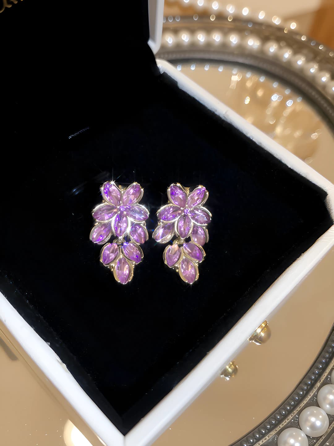 Silver - purple diamond flower stud
