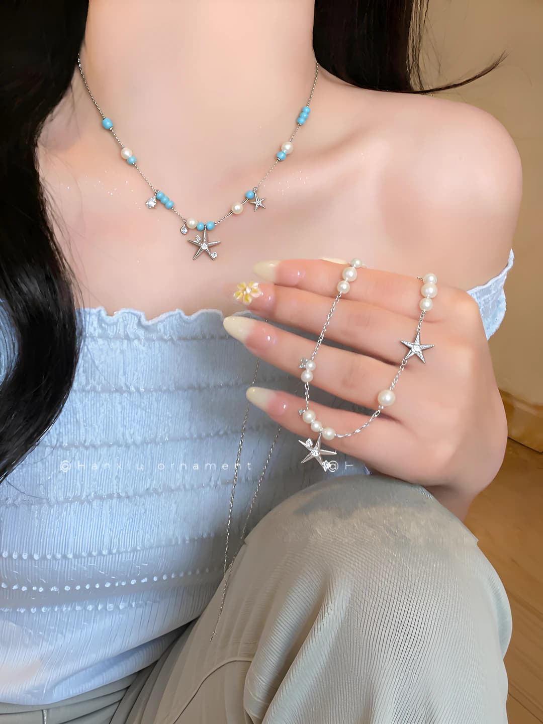 Women's summer dopamine style beaded necklace with starfish and shell, double layer