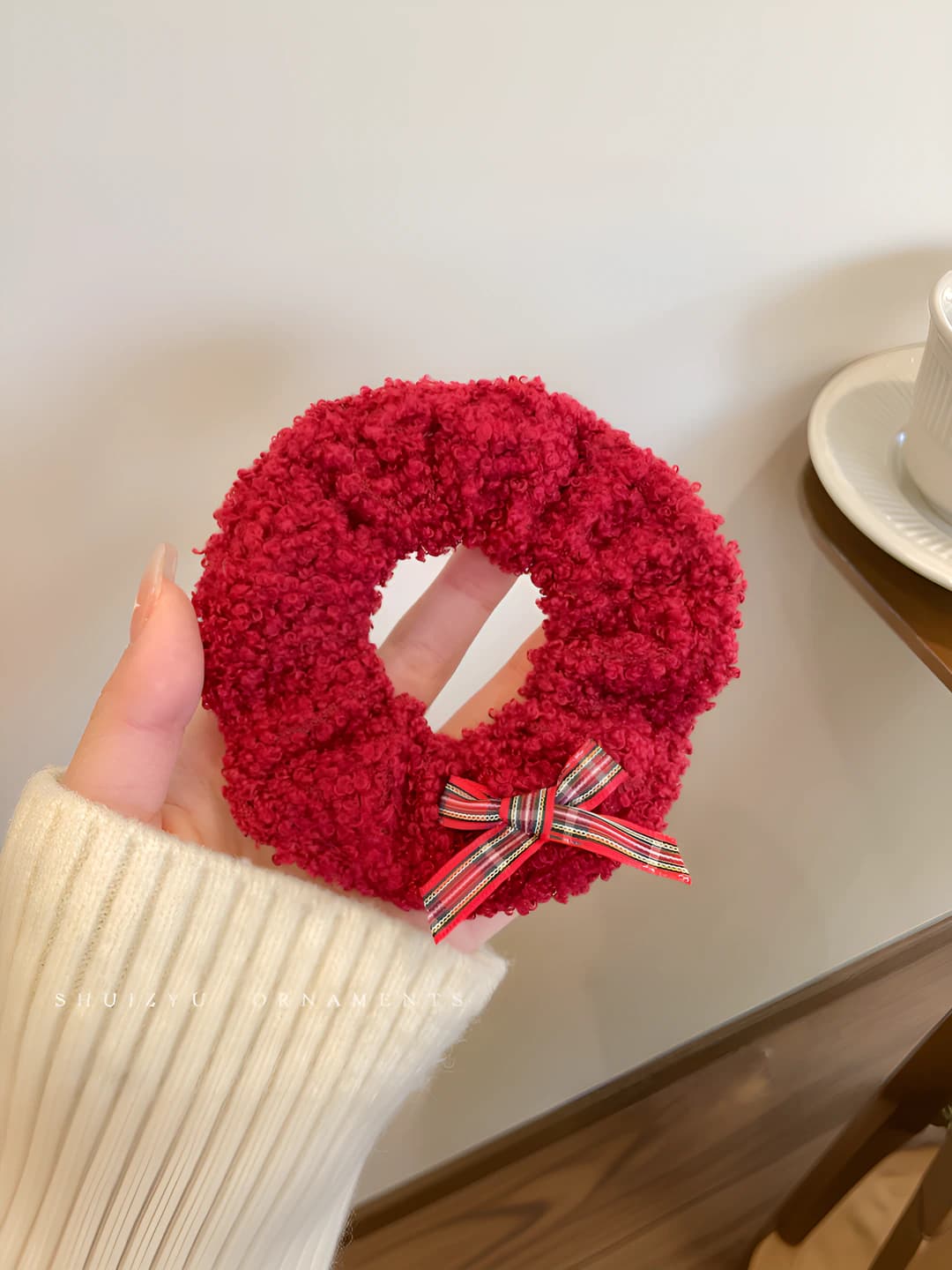 1# Red lamb wool hair tie