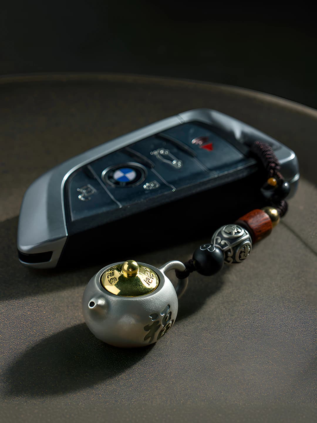 Copper car keychain pendant with geometric design (teapot charm)