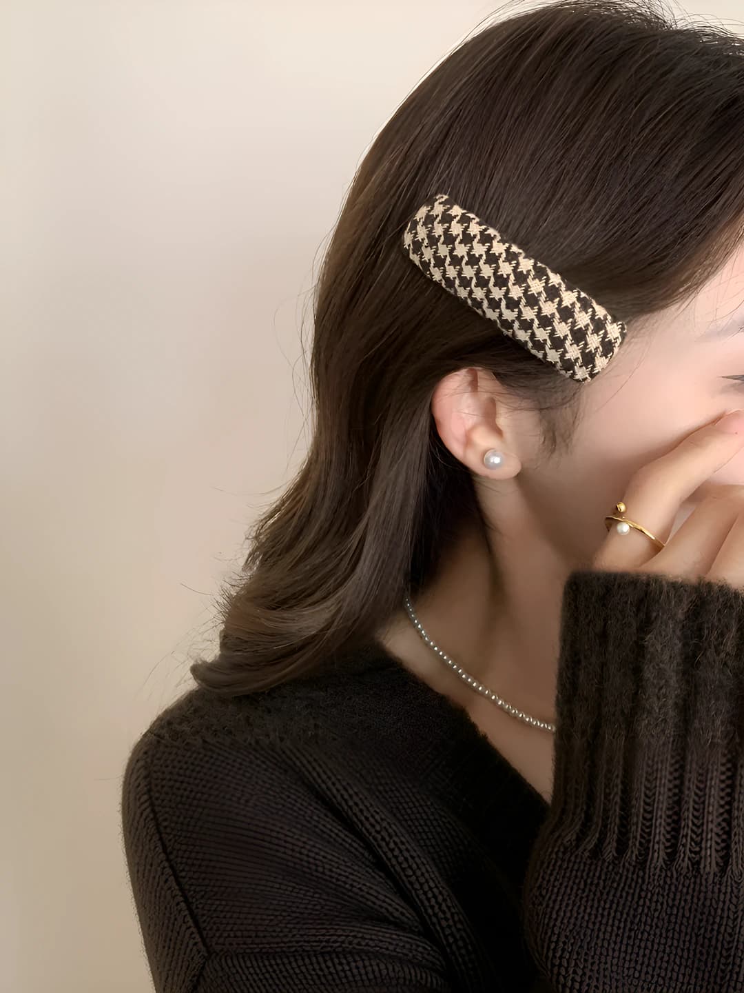 2# Coffee houndstooth hair clip 8 cm