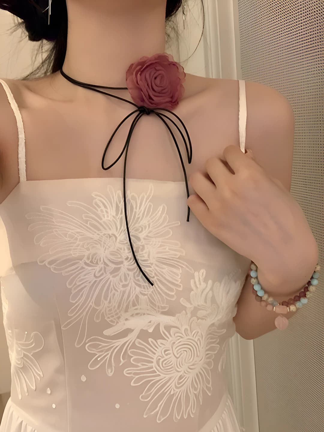 Women's fabric choker in natural style, handmade, adjustable, multi-layer, flower shape, with rose and camellia design elements, length 51-60 cm