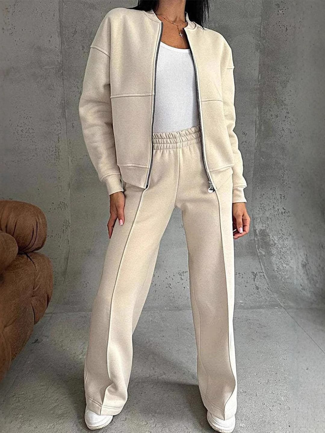 Women's 2026 autumn-winter casual set: zip jacket and wide-leg trousers, solid colour, long sleeve, all-season