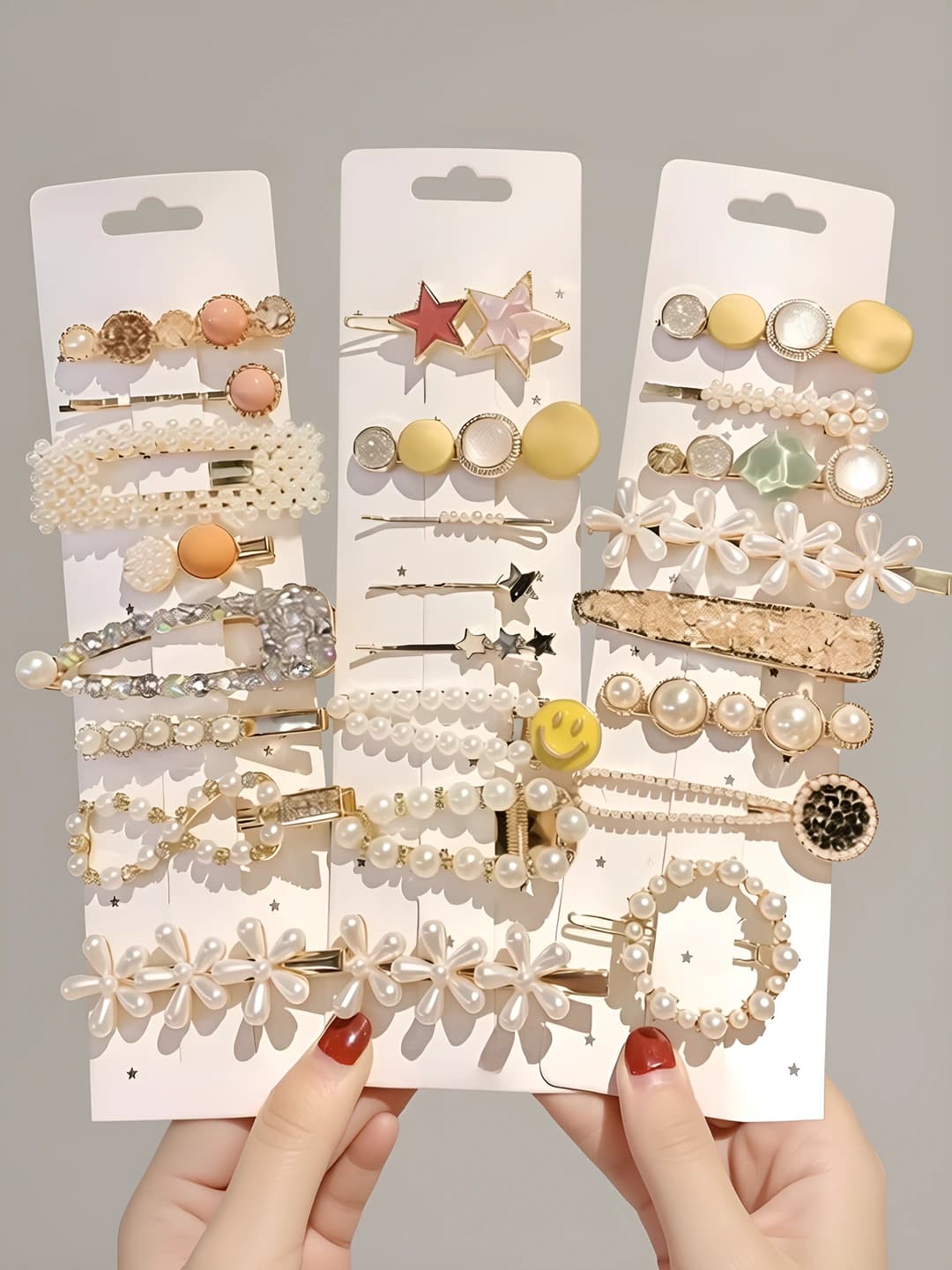 Women's pearl and rhinestone hair clips, bright and elegant design element in natural style