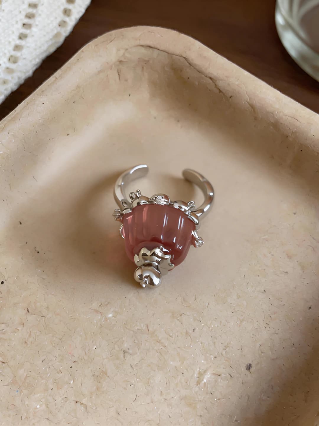 Open ring, silver, pink