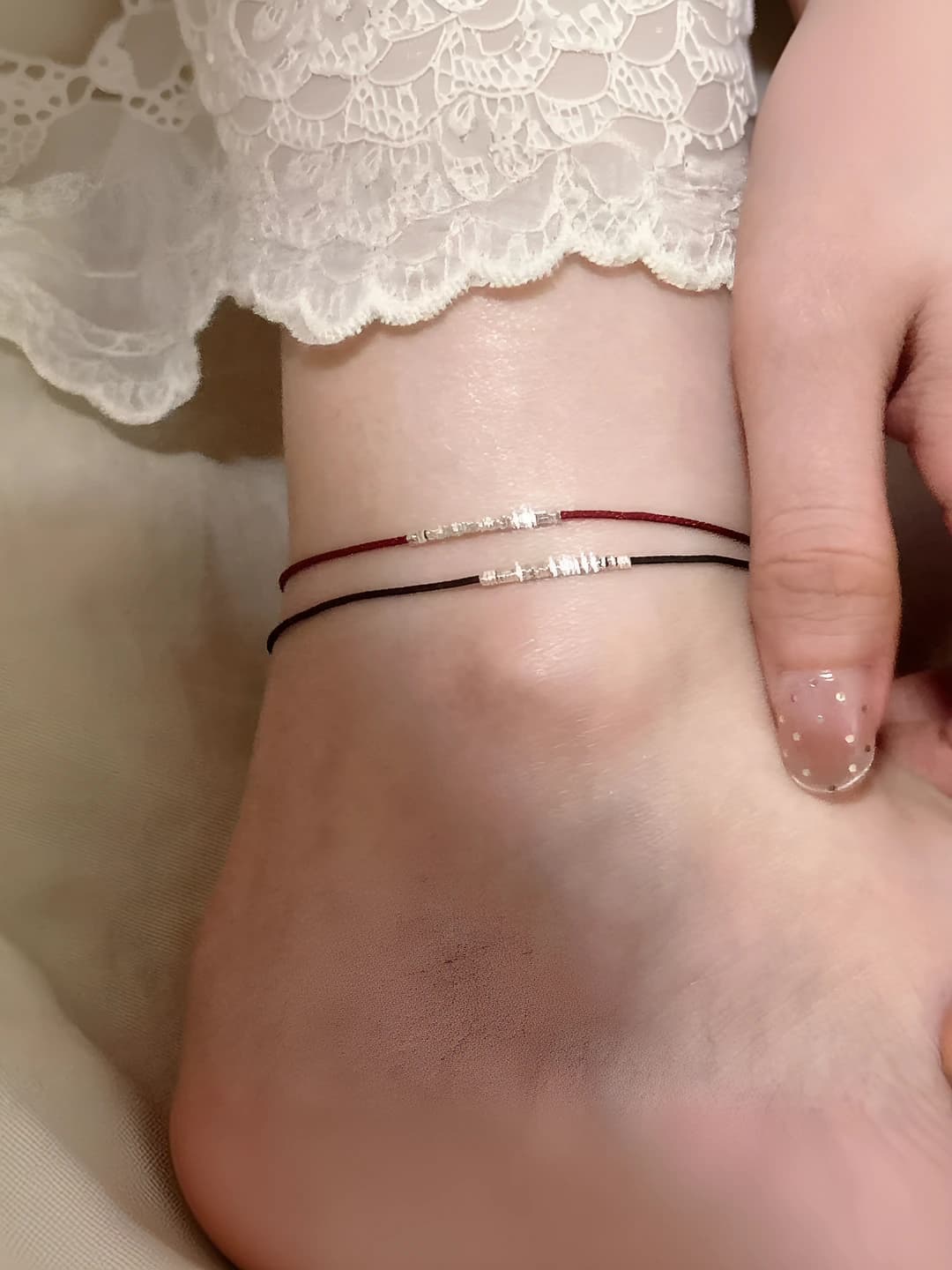 Women's string bracelet with silver beads, red cord, geometric shape, national style, sweet cool style