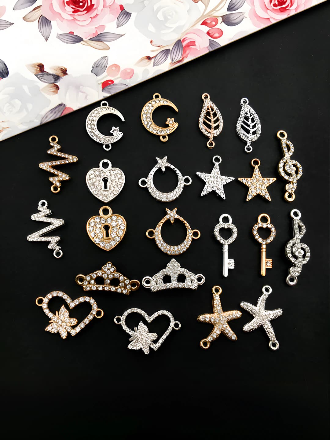 DIY rhinestone charms for women: Korean style, crown, note, starfish, key, leaf, star, heart