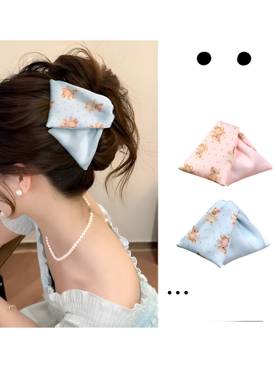 Women's sweet cute cream bear polka dot triangle hair clip, satin hair clip